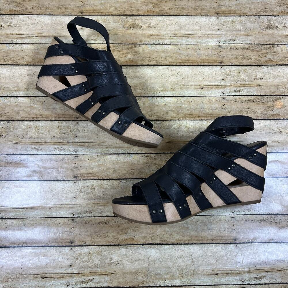 Eileen Fisher Lotus Black Leather Strappy Cage Wedge Sandals Boho Size 9